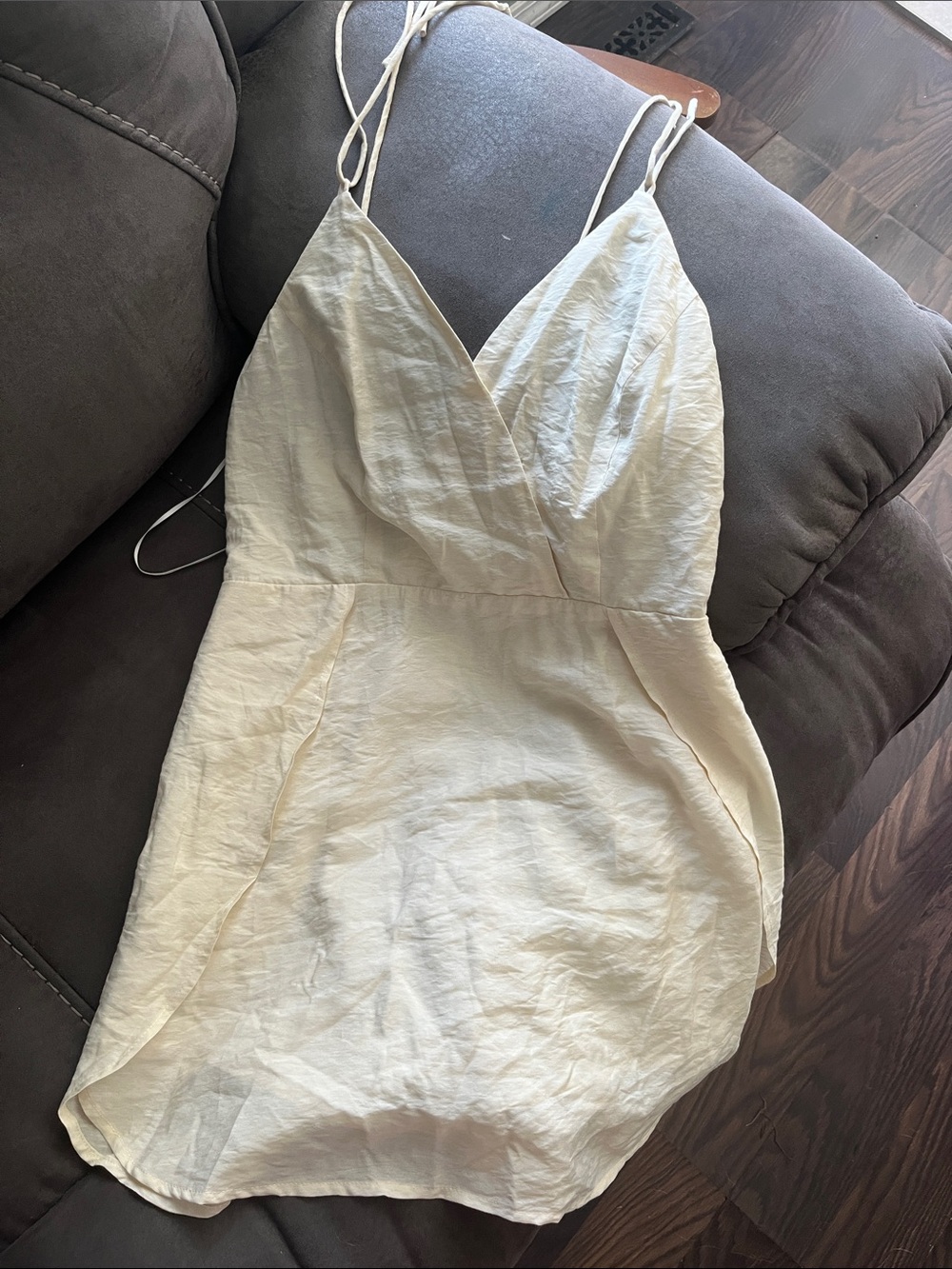 FAVLUX Cream V-Neck Satin-Look Slip Bodysuit with Spaghetti Straps